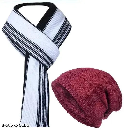 Winter wool cap with fur-net detail and muffler set, ideal for men and women during cold seasons. Made in India