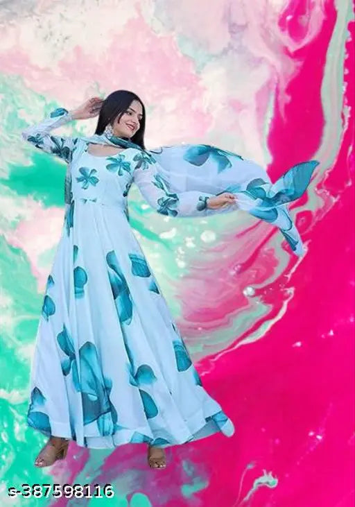 Printed sky georgette gown set with dupatta for women, featuring long sleeves and heart pattern design. Ideal for special occasions or weddings, made in India