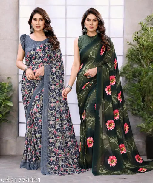Black and grey georgette saree set, daily wear, blouse piece included in pack of 2