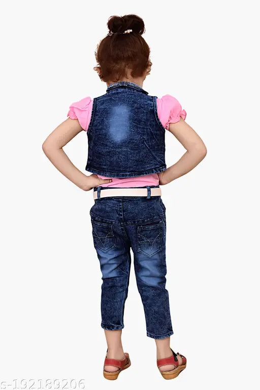The image shows a young child in a pink shirt and blue denim jeans, striking a confident pose with hands on hips