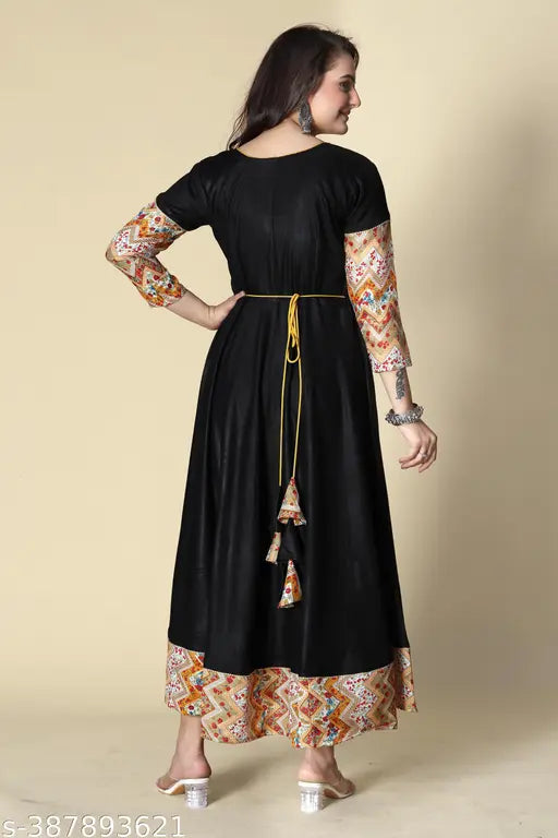 Black double color long dress, draped style with yellow detail, floor length