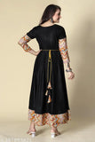 Black double color long dress, draped style with yellow detail, floor length