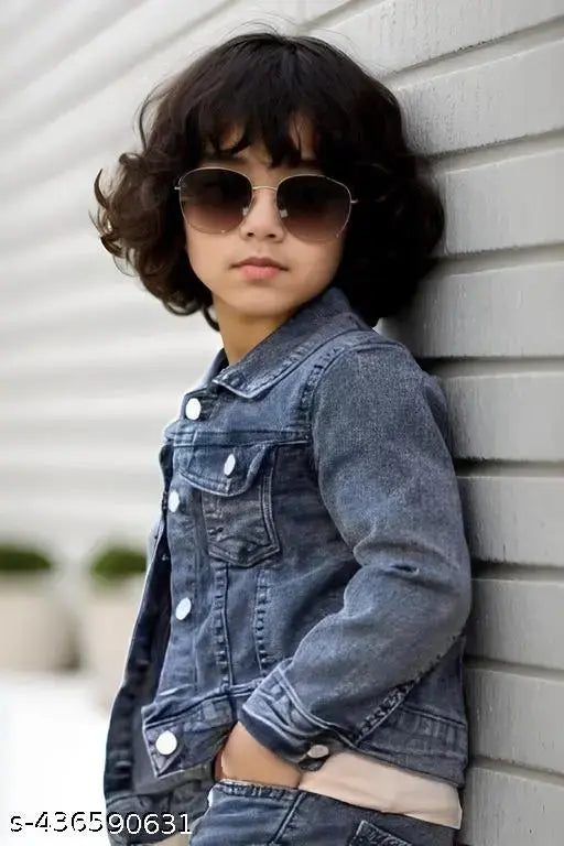 A young child poses against a wall, wearing sunglasses and a blue denim jean jacket