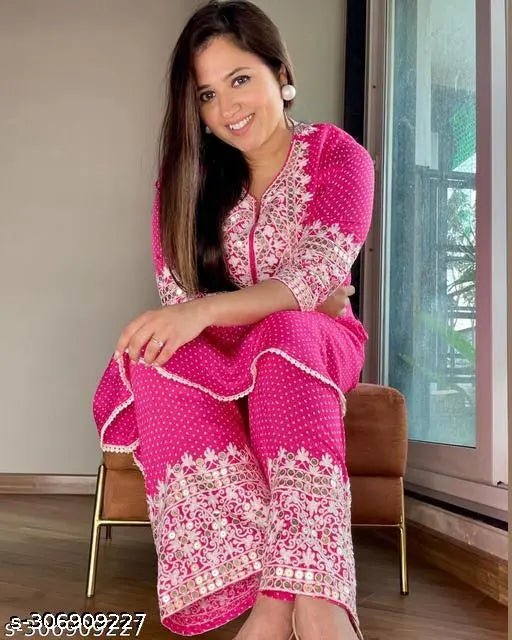 Women's A-line Rayon Kurta with Plazoz Print, round neck, full sleeves. Beautiful embroidery work, party and wedding wear. Indian made