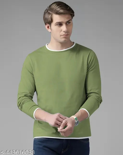 Cotton blend green long sleeve men's t-shirt, high quality plain tee by AOOSH for men's fashion
