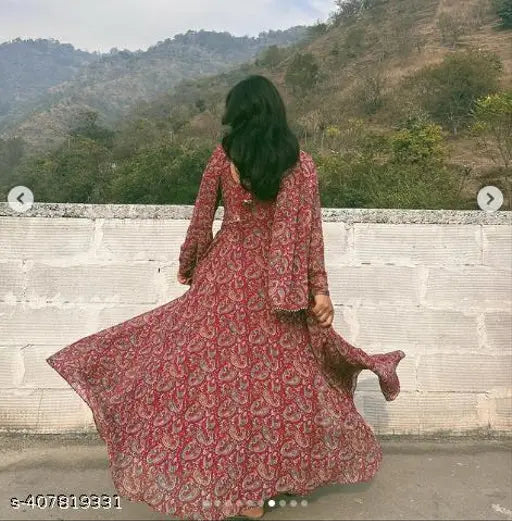 Elegant Partywear Women's Anarkali Paisley Print Gown with Dupatta Set - Indian-made premium poly georgette, long sleeves, intricate paisley print, suitable for special events