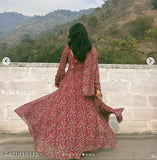 Elegant Partywear Women's Anarkali Paisley Print Gown with Dupatta Set - Indian-made premium poly georgette, long sleeves, intricate paisley print, suitable for special events