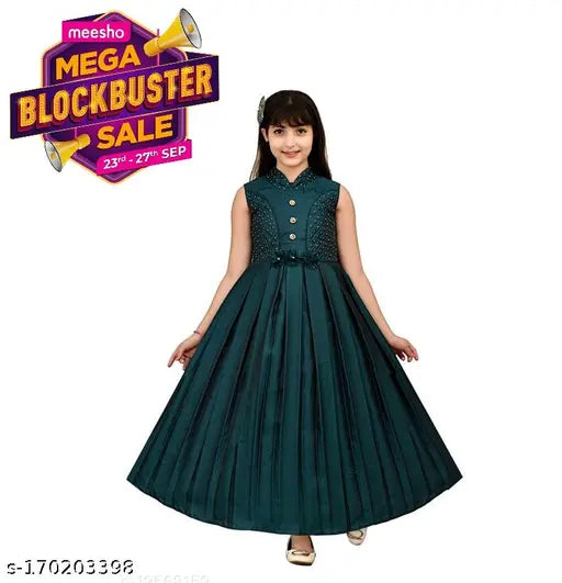 Green silk blend sleeveless designer party dress for girls, trending now, 4-5 years size