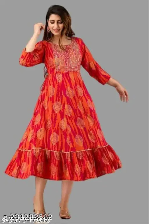 Rayon embroidered Anarkali kurta with printed combo, three-quarter sleeves. XS to 6XL sizes available. Indian fashion for women and girls