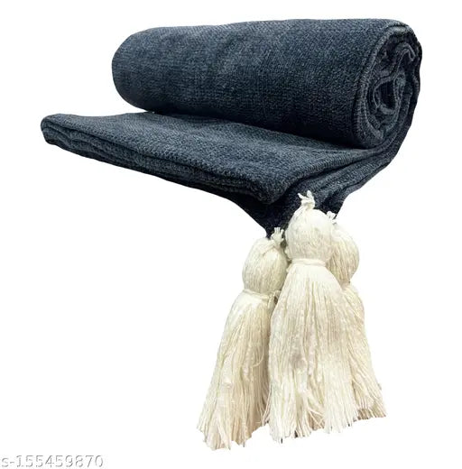 Grey Chenille sofa throw blanket, large size, tassels at ends for home decor