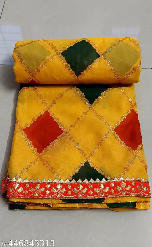 Vibrant yellow Georgette saree with peacock stripe design, trending new arrival festive wear Lahariya saree checkered pattern, traditional chhatt pooja attire 2024 fashion