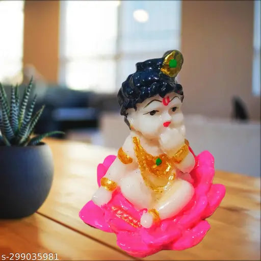Marble baby Krishna statue, Lord Krishna idol on lotus, ideal for home decor gifting items (5x6x5 cm)