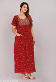 Short sleeve, cotton maxi dress with printed embroidery. Indian-inspired designer wear