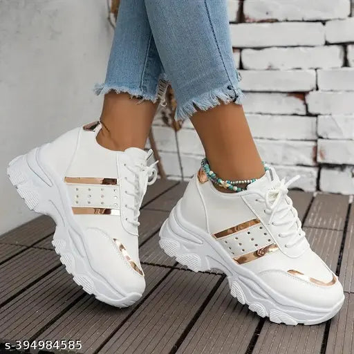 White mesh and rubber casual shoes by Salma Footwear, lace-up style for women in gold color