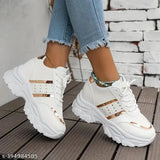 White mesh and rubber casual shoes by Salma Footwear, lace-up style for women in gold color