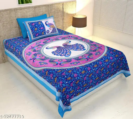 140TC Indian cotton single bedsheet, Rajasthani Jaipuri traditional Sanganeri print by Monik Handicrafts