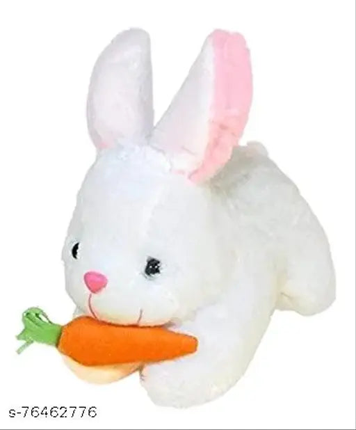 White plush rabbit stuffed toy with carrot, suitable for toddlers aged 2-4 years, handcrafted in India