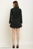 Long black denim jacket with belted waist, girls style