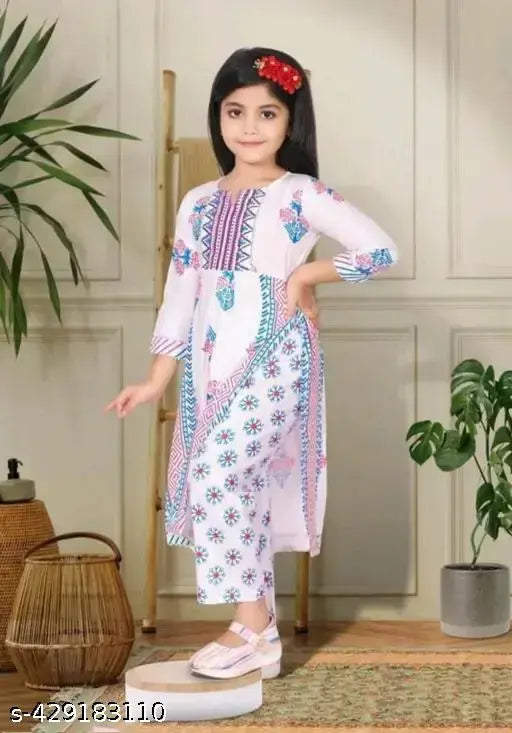 Girls printed rayon kurta and trousers set for casual wear, size 1-2 years, India