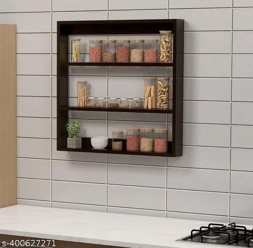 Wooden kitchen wall rack with jars of nuts, snacks, and cooking ingredients