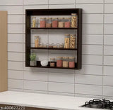 Wooden kitchen wall rack with jars of nuts, snacks, and cooking ingredients