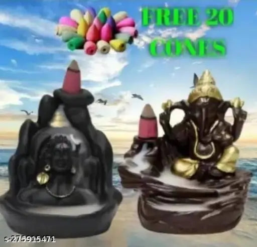 Black and golden poly resin combo of Lord Shiva and Lord Ganesh Backflow Fountain Adiyogi Smoke Fountain Statue with free 20 backflow sticks for temple or office worship (pack of 2)