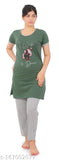 Cotton printed women's nightsuits by Bliss Bell, half sleeves top with round neck and graphics. Pyjama features elastic waistband with a drawstring pocket. Summer nightwear essential from India