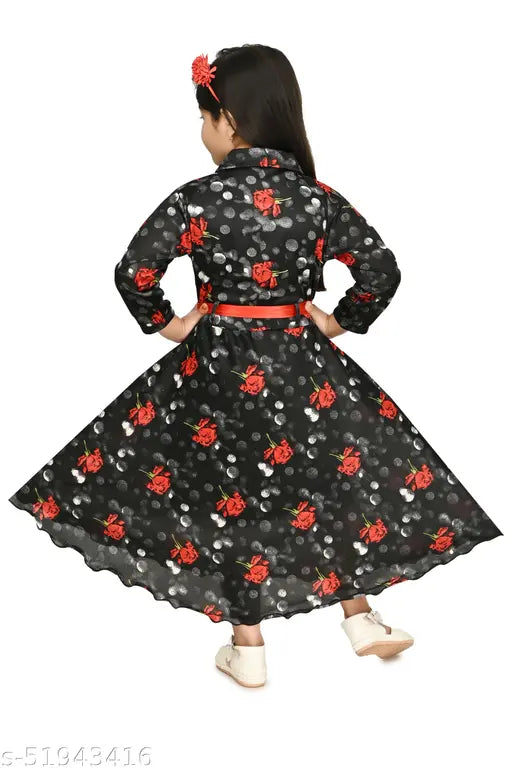 Agile girls frock with floral design, black base, red belt