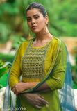Lemon-hued cotton blend straight kurta set with palazzos and dupatta, intricate silk embroidery detailing