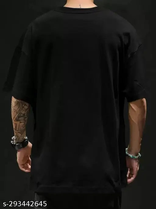 Black cotton three-quarter sleeve printed tee for men. Avejo brand, India origin