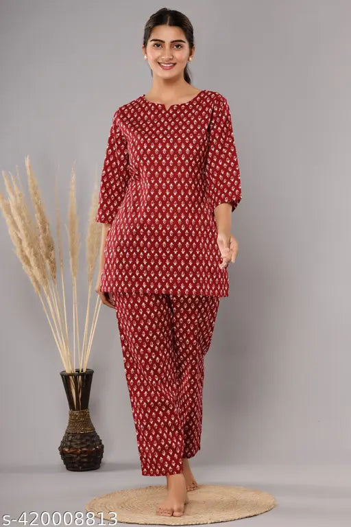 Cotton Nunchii night suits for women and girls, printed pattern, three-quarter sleeves, size options available - India-made