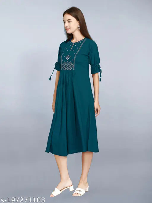 Embroidered rayon Diya kurti with three-quarter sleeves, Indian traditional clothing on mannequin