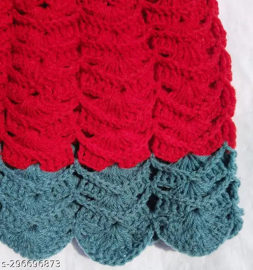 Hand knitted red & grey wool winter sweater for baby girl, self-design pattern in warm tones