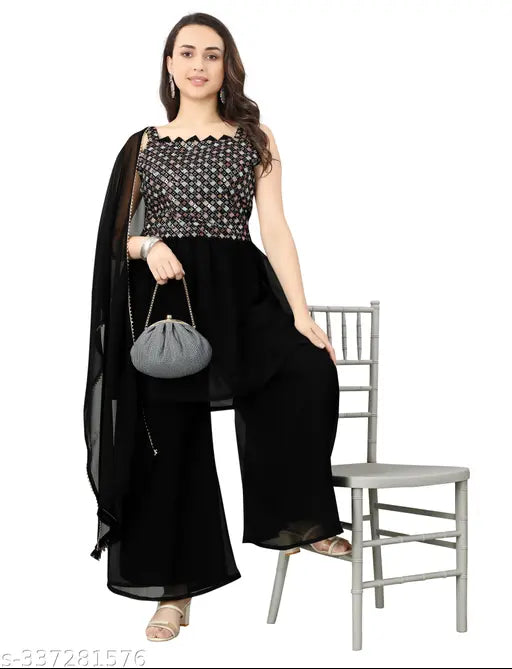 Georgette Sharara Kurta & Dupatta Set, printed embroidered women's wear from India