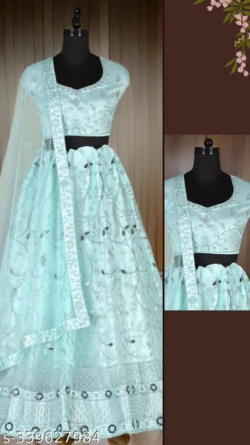 Sky Blue embellished Lehenga Choli set, perfect for weddings and parties, featuring net fabric, embroidery, and free size options