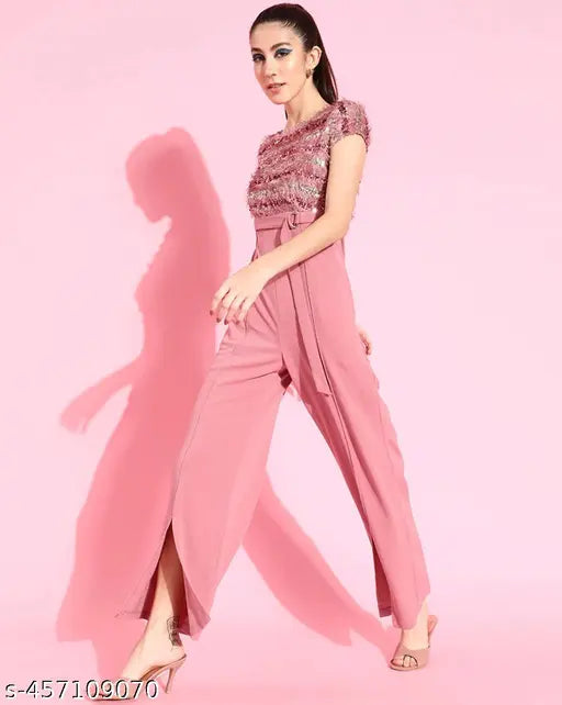 Pink embellished net lycra jumpsuit, short sleeves, size XS (32-35-32)