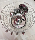 Stainless steel dish drainer. Akaya Creations product. Kitchen drying rack. Round metal basket with elevated drainage holes. Silver-toned kitchen accessory. Dish drying plate organizer. Bartan kitchen storage solution