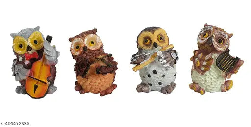Multicolor set of 4 owl musical instrument showpieces for home outdoor decorations, meticulously crafted and vibrant resin figurines with guitar, violin, flute, and accordion. Perfect décor or gift items