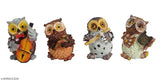 Multicolor set of 4 owl musical instrument showpieces for home outdoor decorations, meticulously crafted and vibrant resin figurines with guitar, violin, flute, and accordion. Perfect décor or gift items