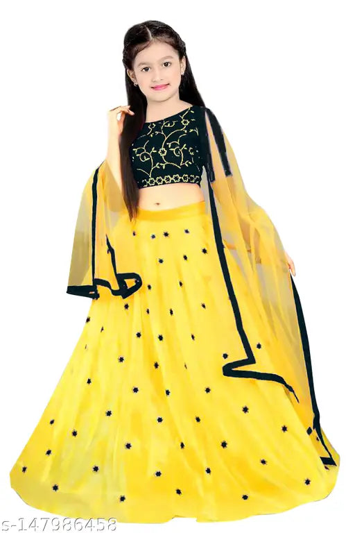 Girls net and satin semi-stitched lehenga choli in vibrant colors, intricately embellished with exquisite embroidery for festive occasions