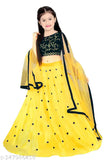 Girls net and satin semi-stitched lehenga choli in vibrant colors, intricately embellished with exquisite embroidery for festive occasions