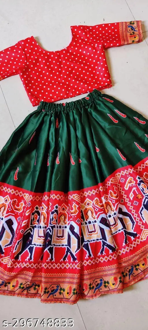kids satin lehenga with short sleeves and printed ethnic motif, semi-stitched net for girls' wedding dress in various sizes (1-2Y to 13-14Y), origin India