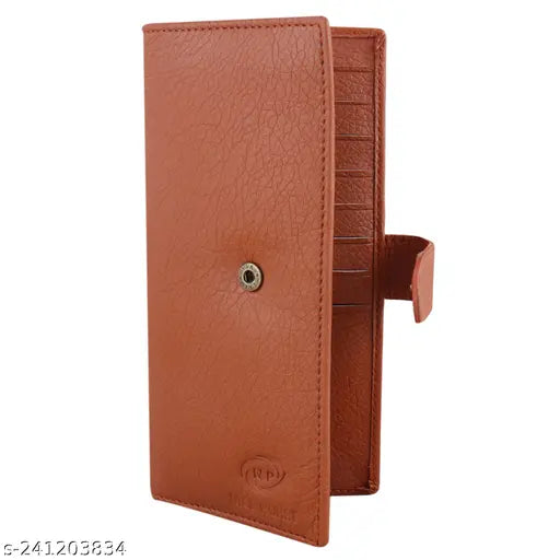 Tan artificial PU leather wallet, 2 note compartments, 11 card slots, solid pattern, free size (17cm x 9cm), modern style men's accessory