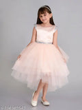 Peach layered hi-low girls party dress with embellished net sleeveless, size 1-2 years (India)