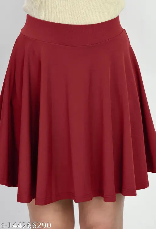 Classic polyester stretchy skater skirt with attached inner shorts, solid color, perfect for any occasion. Available in sizes 26, 28, 30, 32 and originates from India