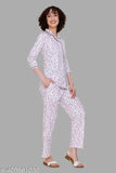 Women's printed front open nightsuit set, shirt style cotton nightsuits with floral print, 100% cotton nightwear on display