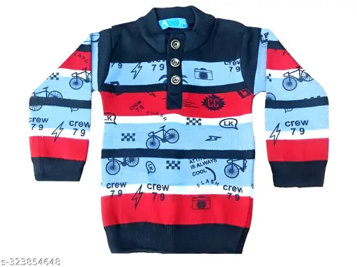 Multicolor wool sweater for boys, sizes 3-12 years, fun printed pattern, cozy winter wear from India