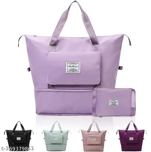 Multi-color, foldable, expandable travel bag with waterproof fabric. Includes two smaller bags and a large main compartment. Perfect for travel or daily commuting