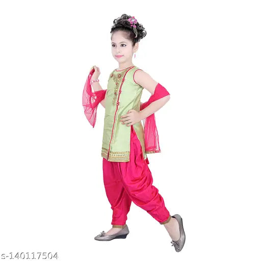 Embroidered poly silk Patiala suit for kids in various sizes, enhancing a girl's beauty. Indian origin