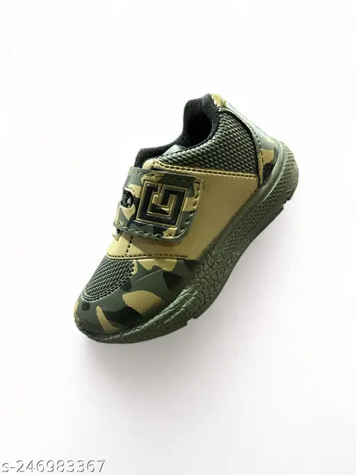 Camouflage and black casual shoes for kids, featuring white soles and black laces